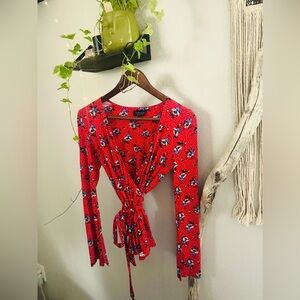 Topshop-Red Floral Long Sleeve Wrap Blouse-Size: 4